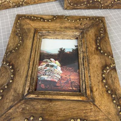 3 Photo Frames; Wood with Brass Studs