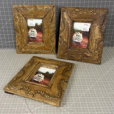 3 Photo Frames; Wood with Brass Studs