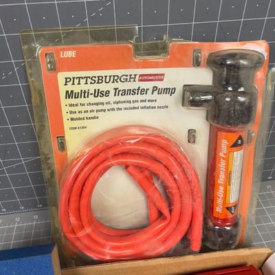 Tray of Garage Stuff: Glue Gun, Hand pump and Lighters Etc. 