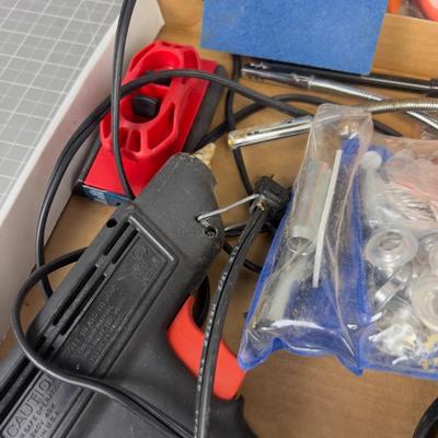 Tray of Garage Stuff: Glue Gun, Hand pump and Lighters Etc. 