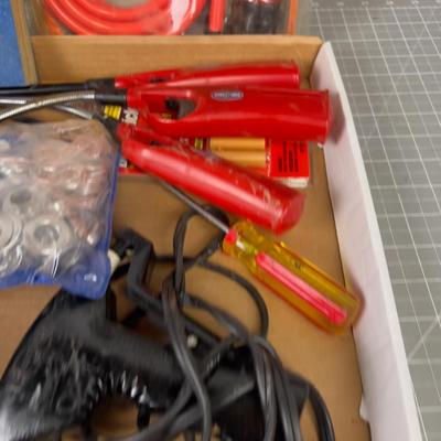 Tray of Garage Stuff: Glue Gun, Hand pump and Lighters Etc. 