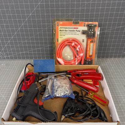 Tray of Garage Stuff: Glue Gun, Hand pump and Lighters Etc. 