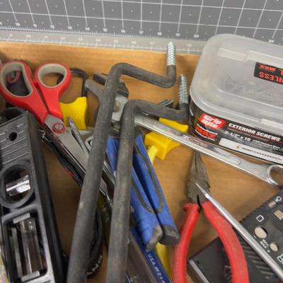 Tray of tools: Plyers, hammer and level etc.