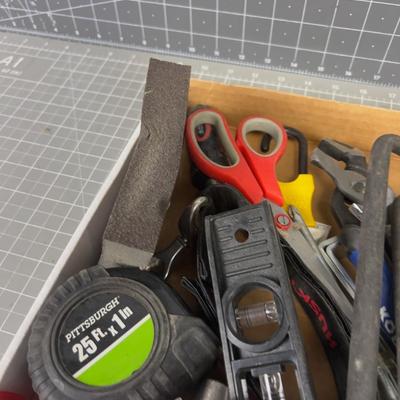 Tray of tools: Plyers, hammer and level etc.