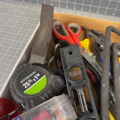 Tray of tools: Plyers, hammer and level etc.