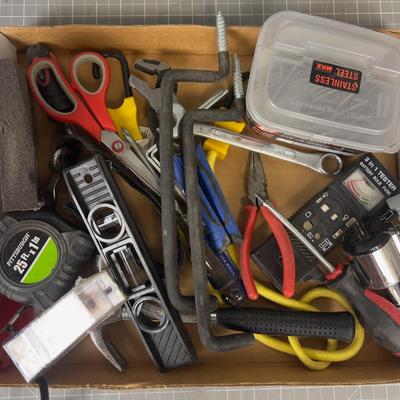 Tray of tools: Plyers, hammer and level etc.