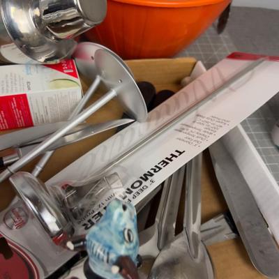 Large Lot of Kitchen Stuff including Blue Cow Creamer 