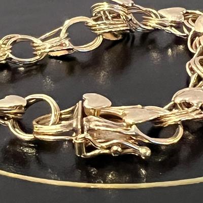 14k Yellow Gold Triple Link Chain Heart Charm Bracelet
