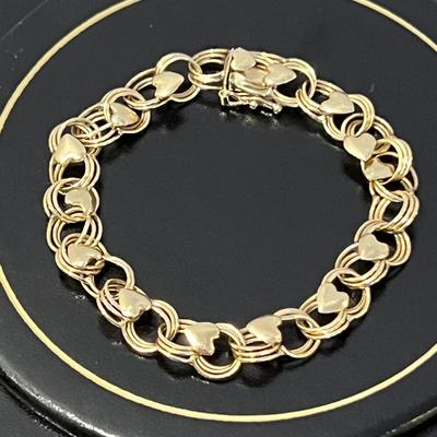 14k Yellow Gold Triple Link Chain Heart Charm Bracelet
