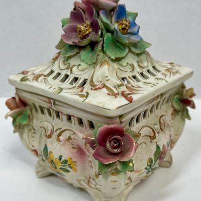 Vintage Capodimonte Porcelain Rose Top Trinket Box