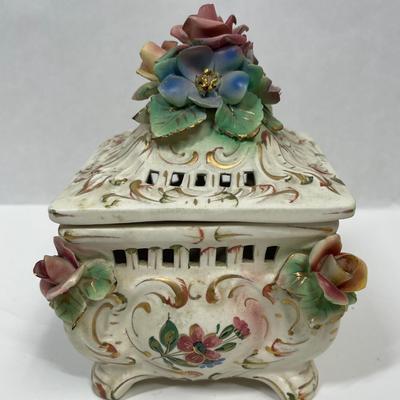 Vintage Capodimonte Porcelain Rose Top Trinket Box