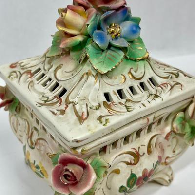 Vintage Capodimonte Porcelain Rose Top Trinket Box