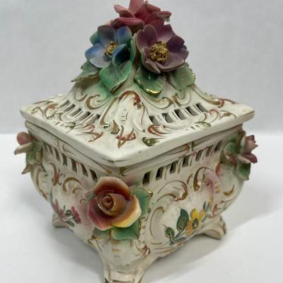 Vintage Capodimonte Porcelain Rose Top Trinket Box