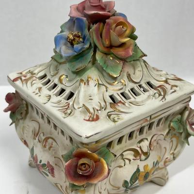 Vintage Capodimonte Porcelain Rose Top Trinket Box