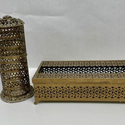 Vintage Ornate Filigree Hollywood Regency tissue Box Cover and Toothbrush Holder