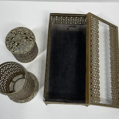 Vintage Ornate Filigree Hollywood Regency tissue Box Cover and Toothbrush Holder