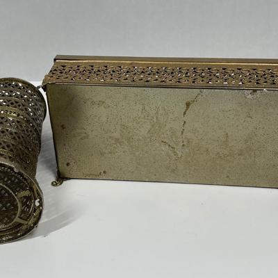 Vintage Ornate Filigree Hollywood Regency tissue Box Cover and Toothbrush Holder