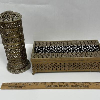 Vintage Ornate Filigree Hollywood Regency tissue Box Cover and Toothbrush Holder