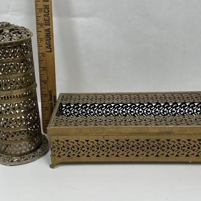 Vintage Ornate Filigree Hollywood Regency tissue Box Cover and Toothbrush Holder