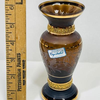 Crystal ex Vase Brown Glass with gold band and golf leaf