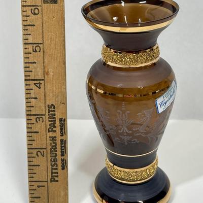 Crystal ex Vase Brown Glass with gold band and golf leaf