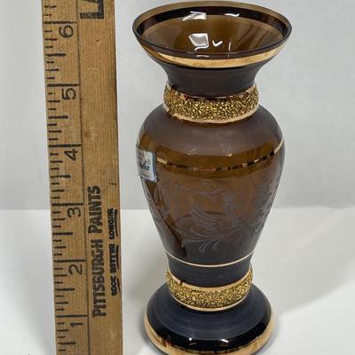 Crystal ex Vase Brown Glass with gold band and golf leaf
