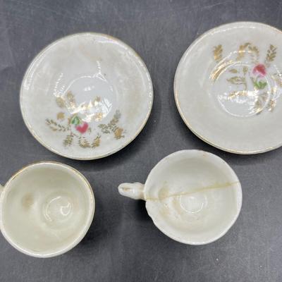 Assorted Ceramic Miniature Lot - 2 teacup/saucers, Chair, Salt Pepper Pitcher, Tea pot with lid