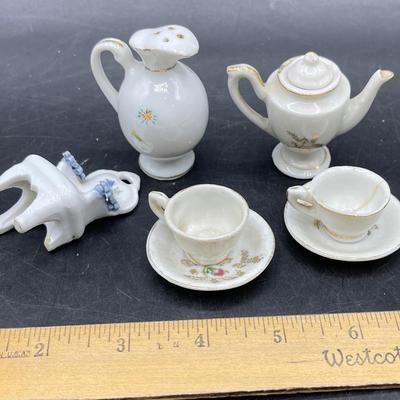 Assorted Ceramic Miniature Lot - 2 teacup/saucers, Chair, Salt Pepper Pitcher, Tea pot with lid