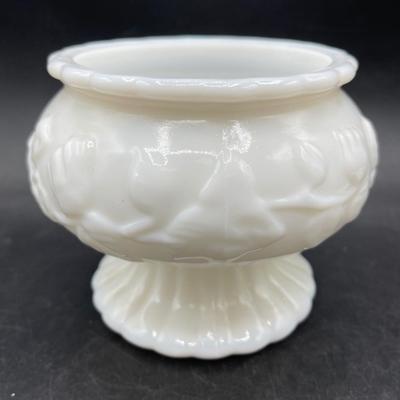 Vintage E.O. Brody Co. Milk Glass Pedestal Bowl Vase Candy Ivy Floral Embossed