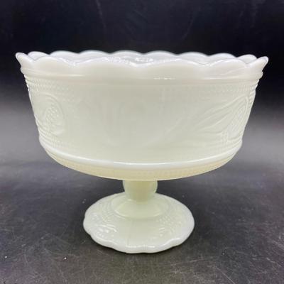 Vintage E.O. Brody Co. Milk Glass Pedestal Bowl Vase Candy Ivy Floral Embossed