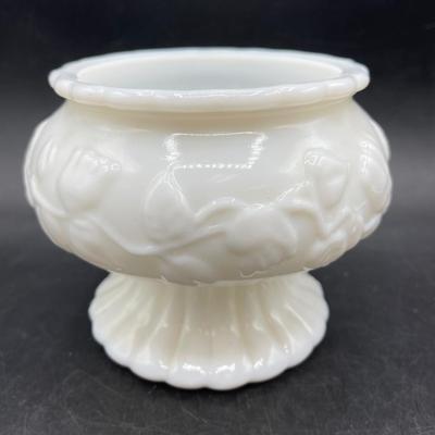 Vintage E.O. Brody Co. Milk Glass Pedestal Bowl Vase Candy Ivy Floral Embossed