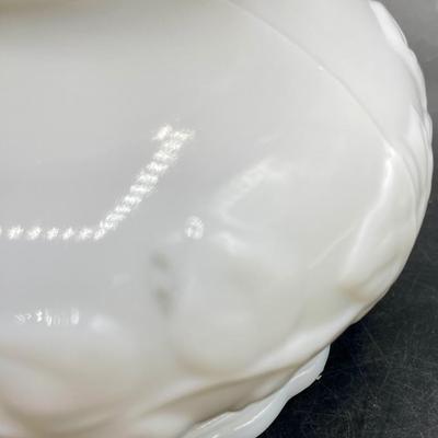 Vintage E.O. Brody Co. Milk Glass Pedestal Bowl Vase Candy Ivy Floral Embossed