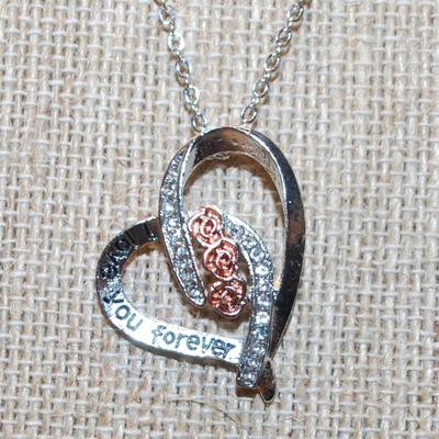 "I Love You Forever" PENDANT (1" x 1") with 3 Rose Gold Roses & Clear Stone Accents on a ADJUSTABLE Necklace...