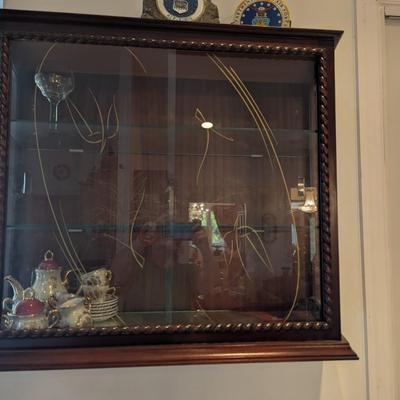 Wall Hanging Display Cabinet With Glass Sliding Doors & Glass Shelves