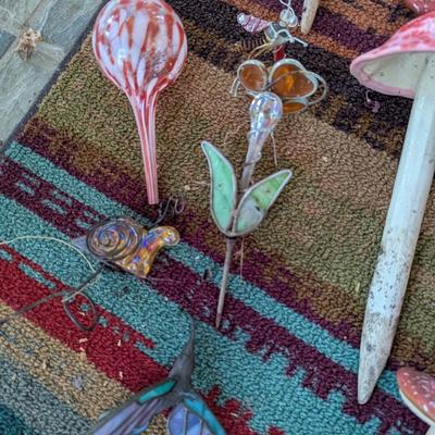 Clay Mushroom Garden Decor & Stained Glass Birds