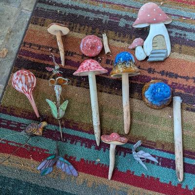 Clay Mushroom Garden Decor & Stained Glass Birds