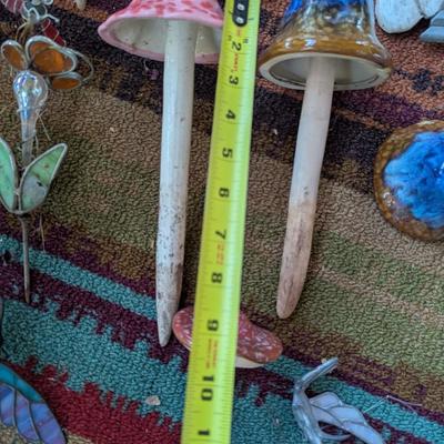 Clay Mushroom Garden Decor & Stained Glass Birds