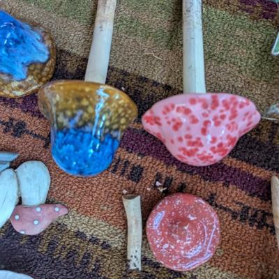 Clay Mushroom Garden Decor & Stained Glass Birds