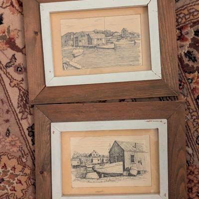 2 - 1970's Matted C.M. Goff Prints Martha's Vineyard & Edgartown Harbor Approx 10 1/8" x 8"