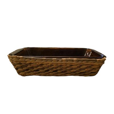 Vintage Amber Glass Baking Dish With Wicker Server/Carrier