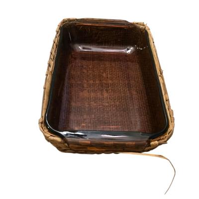 Vintage Amber Glass Baking Dish With Wicker Server/Carrier