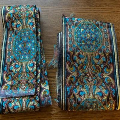 Plant-Print Fabric Remnant and Ornate Ribbon Pieces - Perfect for Crafts or Sewing Projects