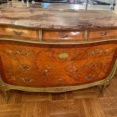 Vintage French Louis XV Style Marble Top Paint Decorated Commode