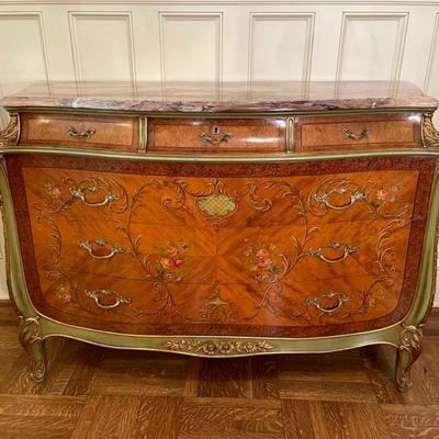 Vintage French Louis XV Style Marble Top Paint Decorated Commode