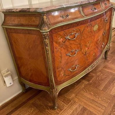 Vintage French Louis XV Style Marble Top Paint Decorated Commode