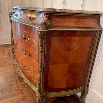 Vintage French Louis XV Style Marble Top Paint Decorated Commode