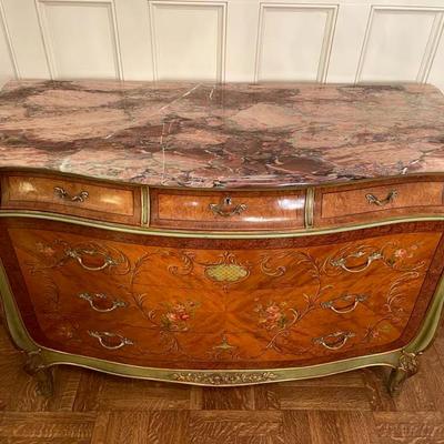 Vintage French Louis XV Style Marble Top Paint Decorated Commode