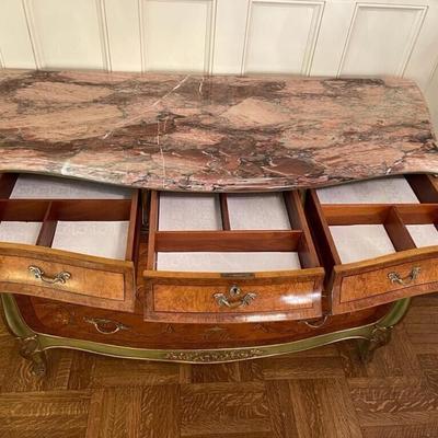 Vintage French Louis XV Style Marble Top Paint Decorated Commode