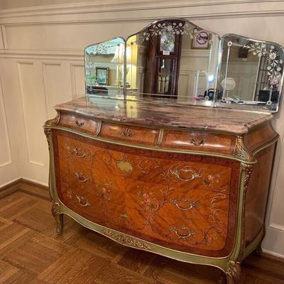 Vintage French Louis XV Style Marble Top Paint Decorated Commode