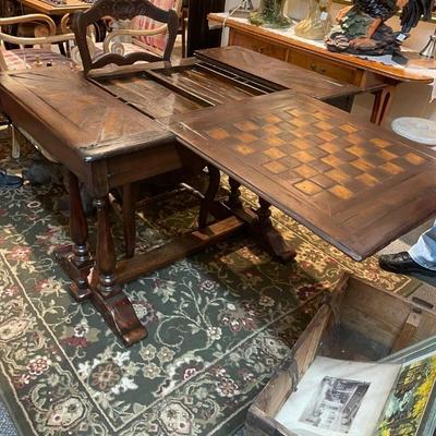 Antique Wood Chess/Backgammon Table - Handcarved Walnut by Theodore Alexander